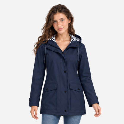Women's Striped-Lined Hooded Waterproof Rain Jacket-Fowsa