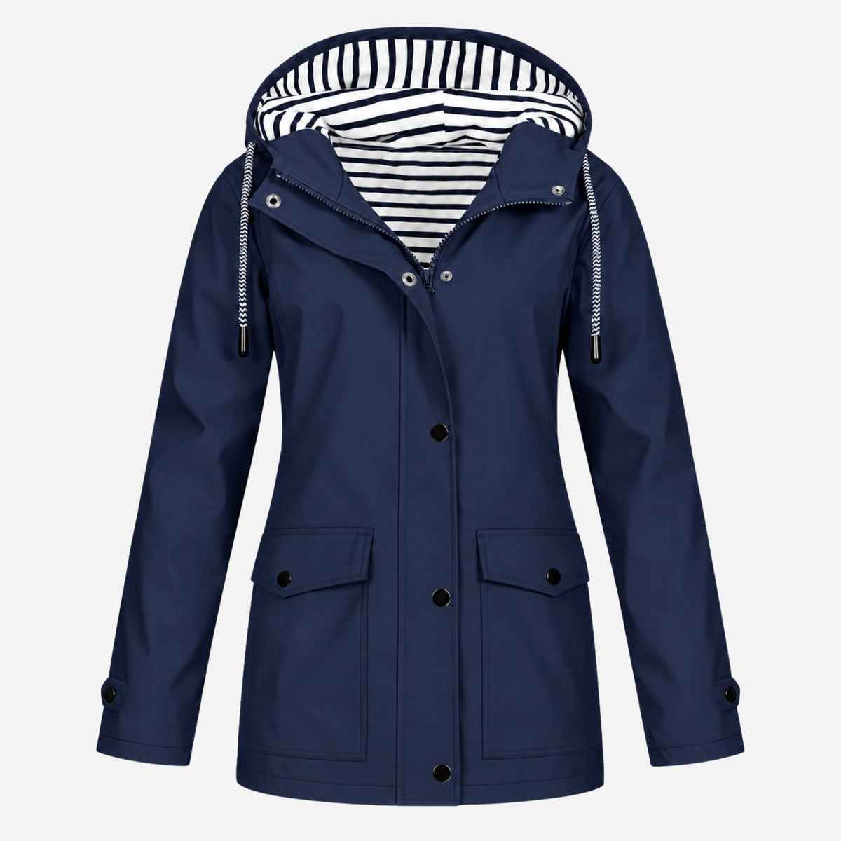 Women's Striped-Lined Hooded Waterproof Rain Jacket-Fowsa