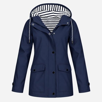 Women's Striped-Lined Hooded Waterproof Rain Jacket-Fowsa