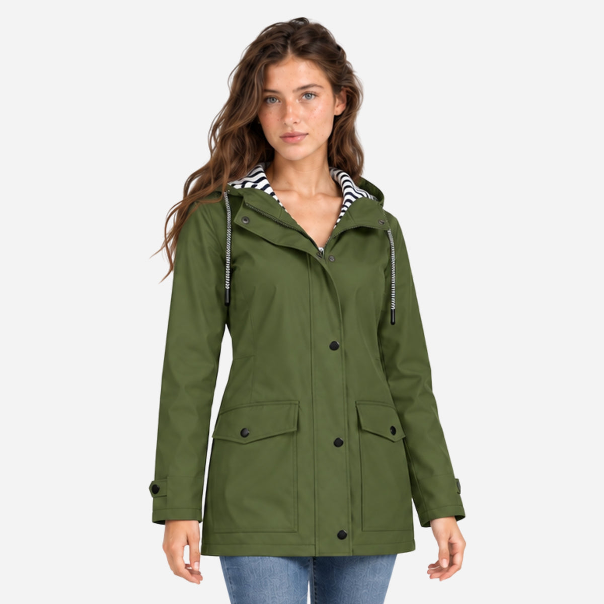 Women's Striped-Lined Hooded Waterproof Rain Jacket-Fowsa