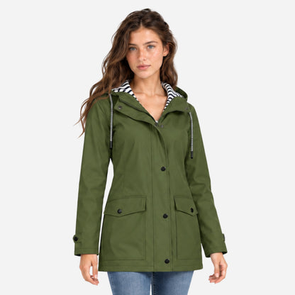 Women's Striped-Lined Hooded Waterproof Rain Jacket-Fowsa