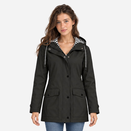 Women's Striped-Lined Hooded Waterproof Rain Jacket-Fowsa