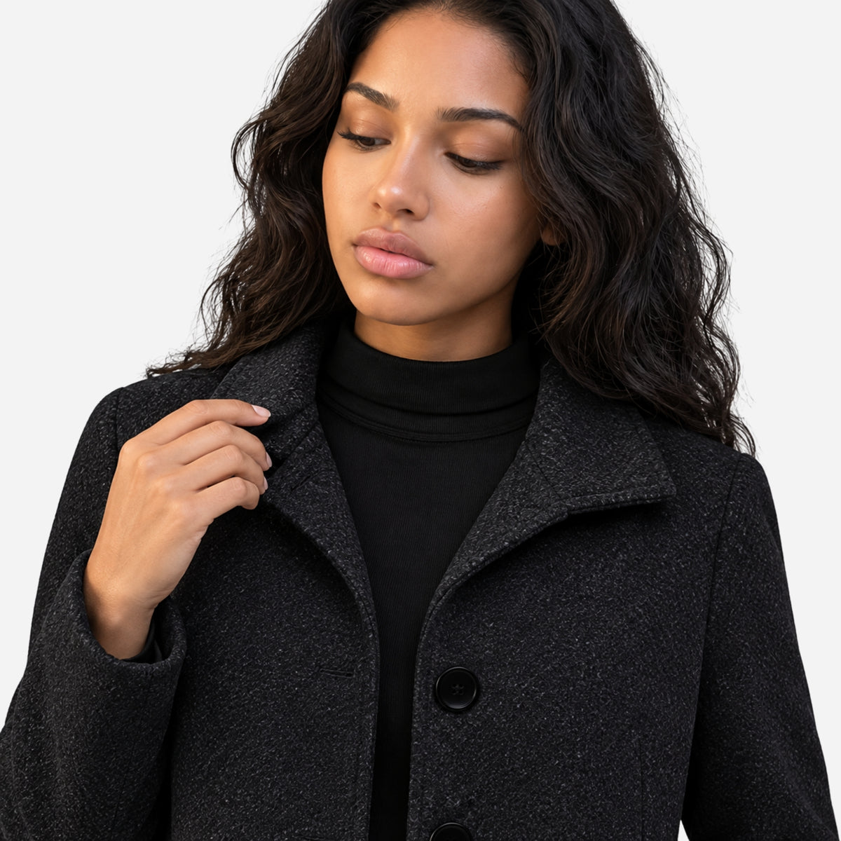 Women’s Tailored Button-Front Mid-Length Wool Coat-Fowsa