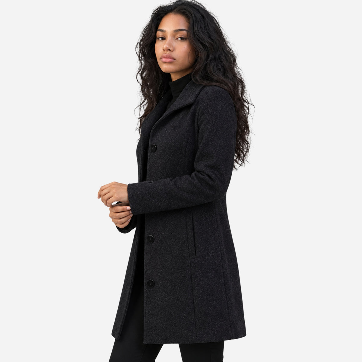 Women’s Tailored Button-Front Mid-Length Wool Coat-Fowsa
