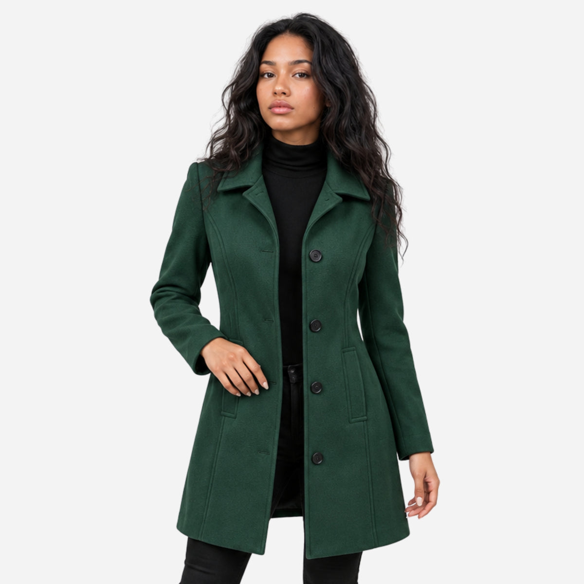 Women’s Tailored Button-Front Mid-Length Wool Coat-Fowsa