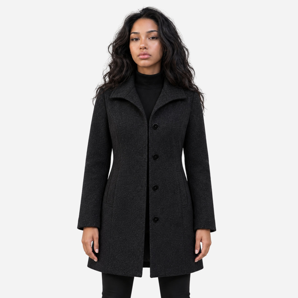 Women’s Tailored Button-Front Mid-Length Wool Coat-Fowsa