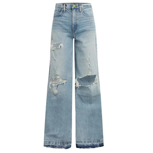 Light Blue Distressed Wide-Leg Jeans with Raw Hem