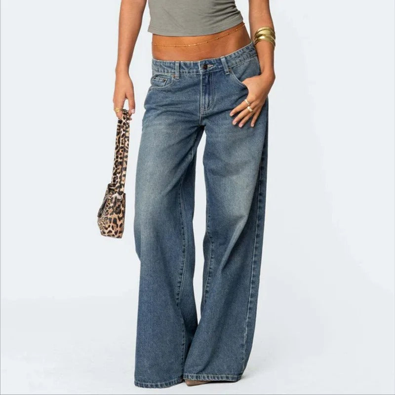 Light Blue Low-Rise Straight Wide-Leg Jeans