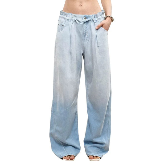Pale Blue Baggy Wide-Leg Jeans with Drawstring Waist