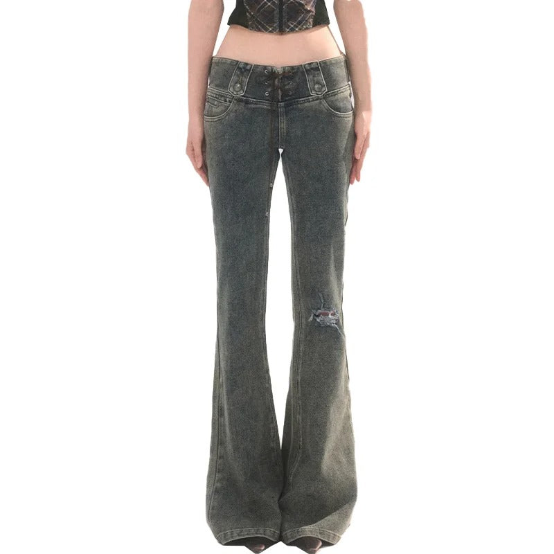 Grey Flared Low-Rise Jeans with Ripped Knee