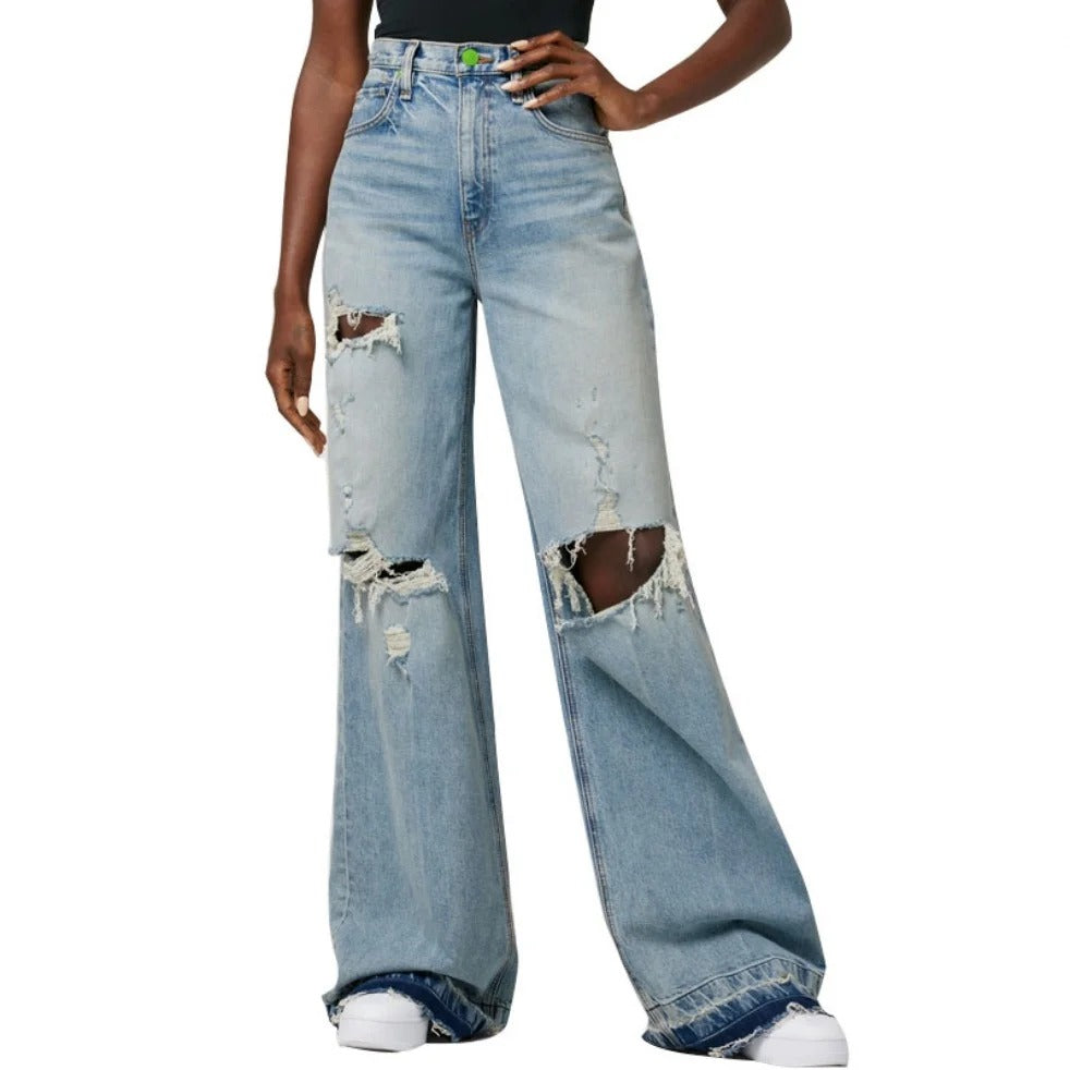 Light Blue Distressed Wide-Leg Jeans with Raw Hem