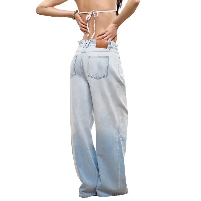 Pale Blue Baggy Wide-Leg Jeans with Drawstring Waist