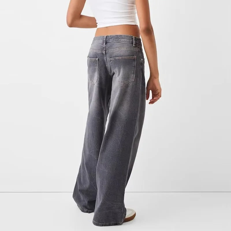 Grey Washed Low-Rise Wide-Leg Jeans