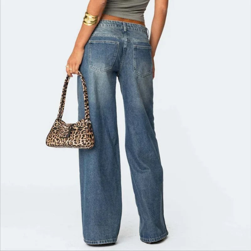 Light Blue Low-Rise Straight Wide-Leg Jeans
