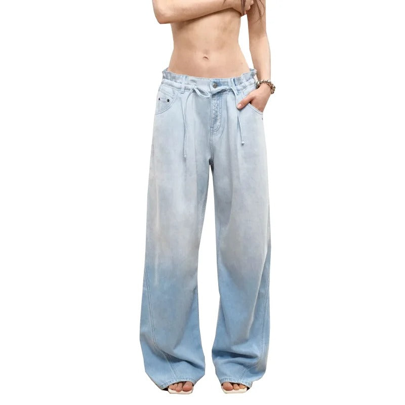 Pale Blue Baggy Wide-Leg Jeans with Drawstring Waist