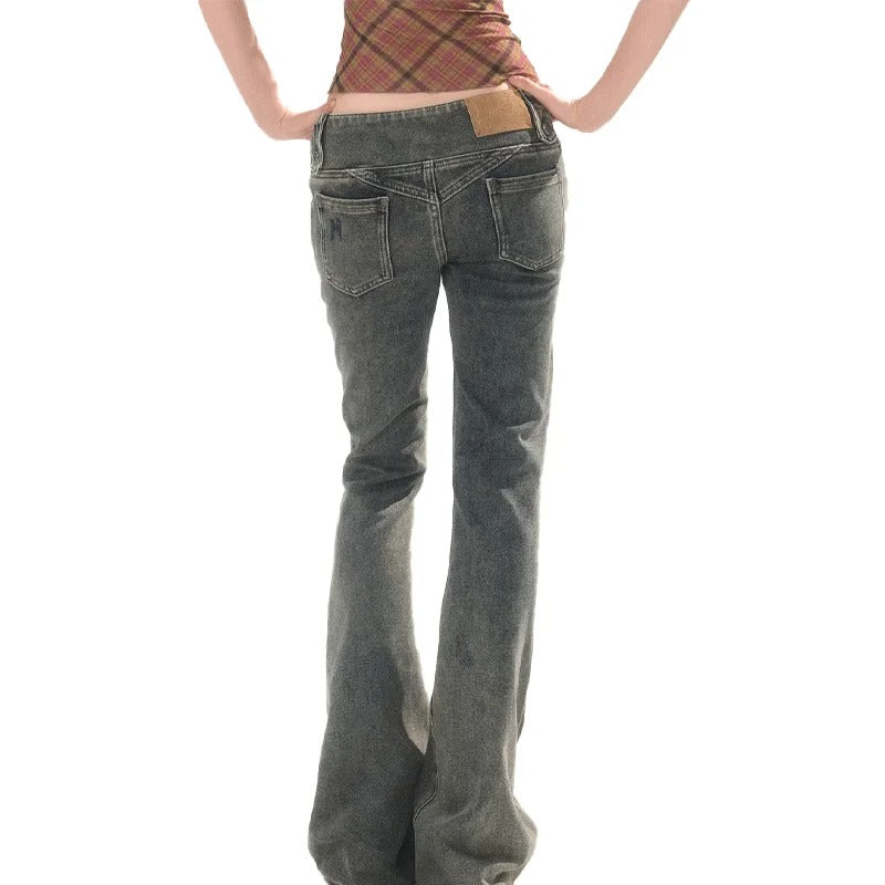 Grey Flared Low-Rise Jeans with Ripped Knee