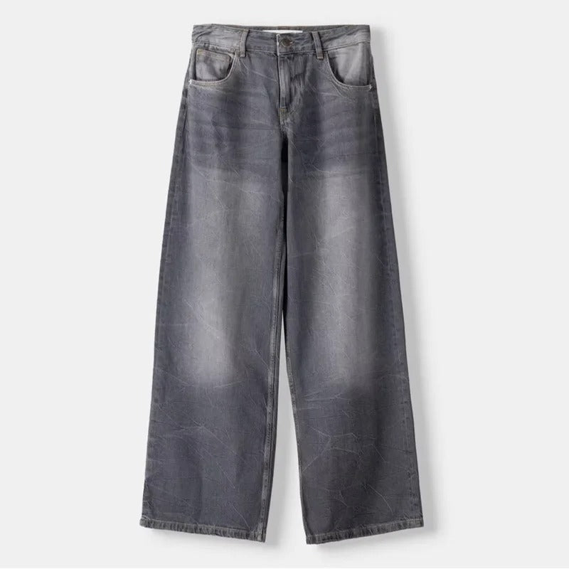 Grey Washed Low-Rise Wide-Leg Jeans