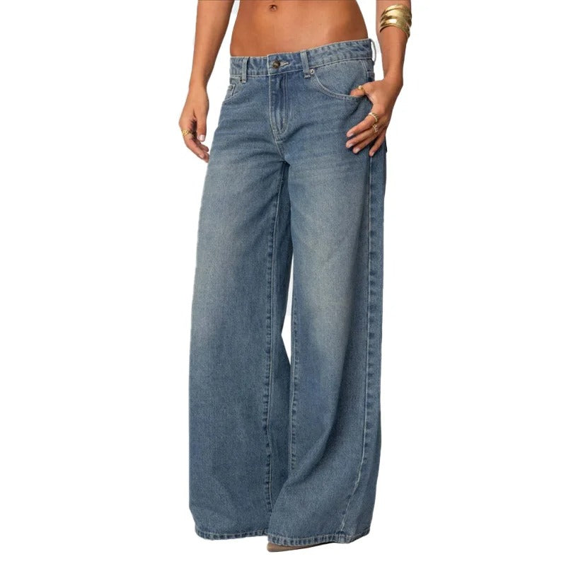 Light Blue Low-Rise Straight Wide-Leg Jeans
