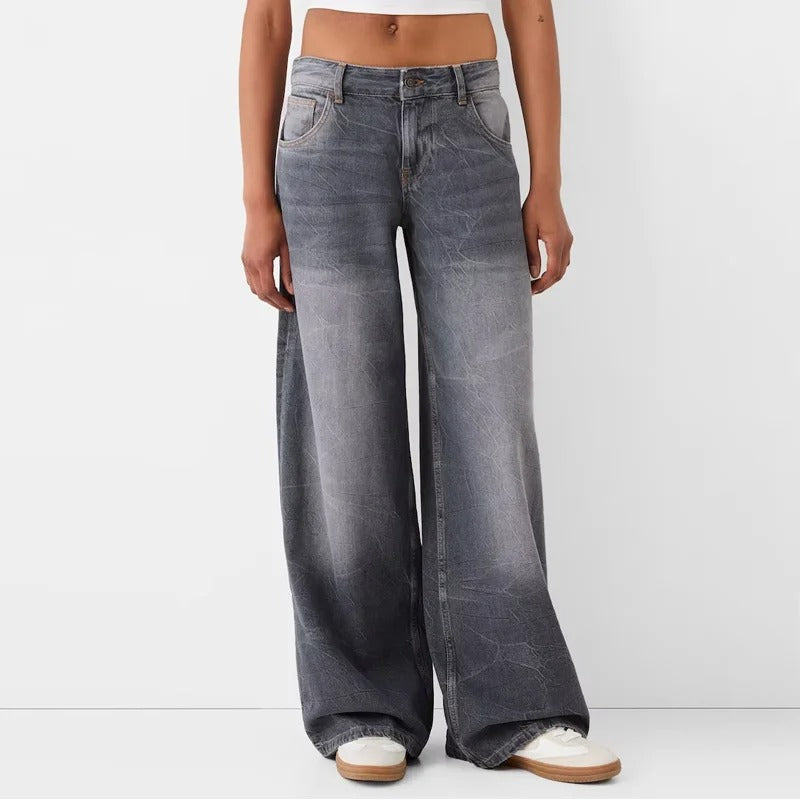 Grey Washed Low-Rise Wide-Leg Jeans