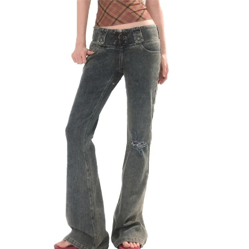 Grey Flared Low-Rise Jeans with Ripped Knee