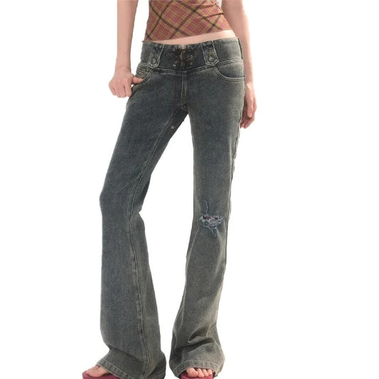 Grey Flared Low-Rise Jeans with Ripped Knee