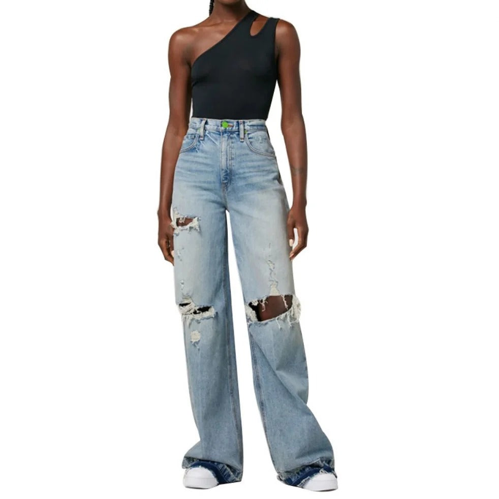 Light Blue Distressed Wide-Leg Jeans with Raw Hem