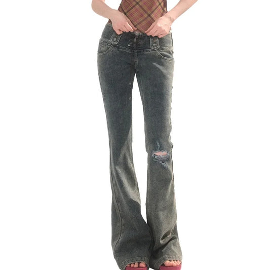 Grey Flared Low-Rise Jeans with Ripped Knee