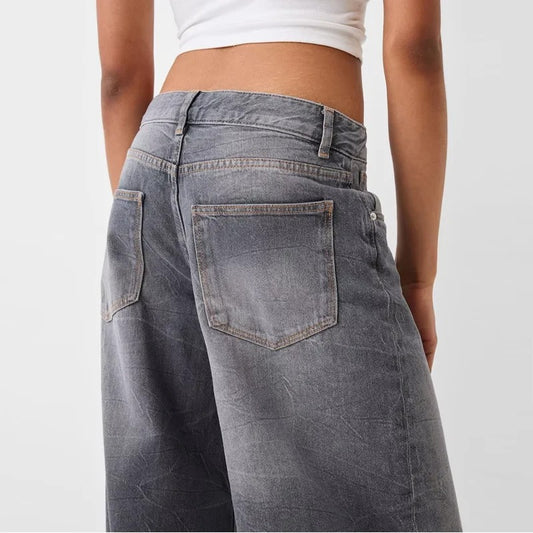 Grey Washed Low-Rise Wide-Leg Jeans