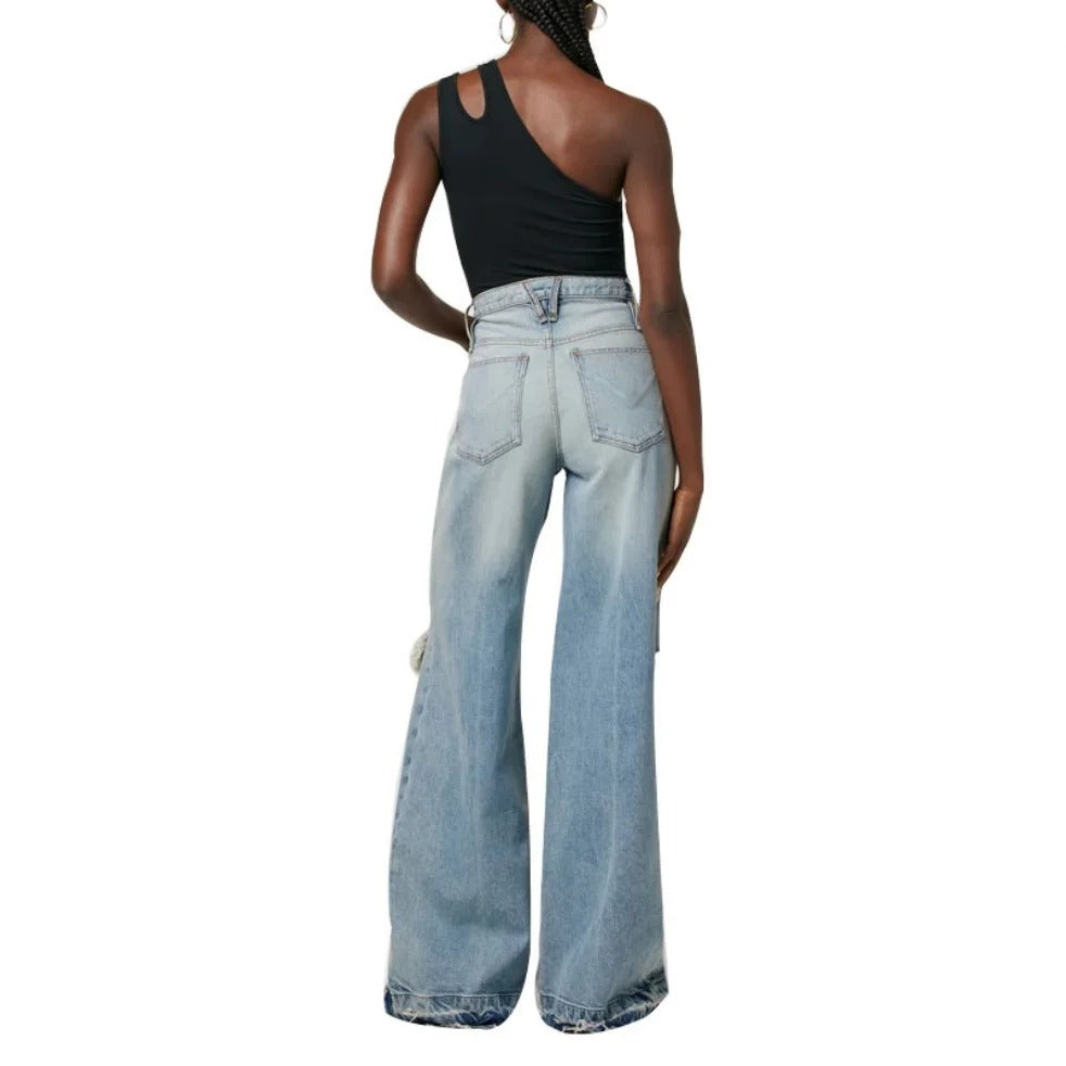 Light Blue Distressed Wide-Leg Jeans with Raw Hem