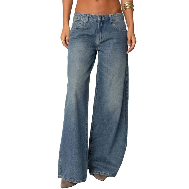 Light Blue Low-Rise Straight Wide-Leg Jeans